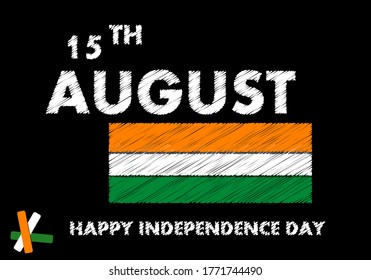 15 de agosto escribiendo texto con la bandera india en una pizarra negra. Día de la Independencia