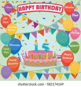 15th Birthday cake and decoration background in flat design with balloons and candles