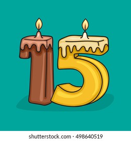 15th Birthday Candle Number .Vector design template elements for your birthday celebration.