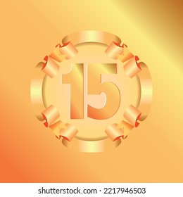 15th birthday with gold ribbon, vector illustration 