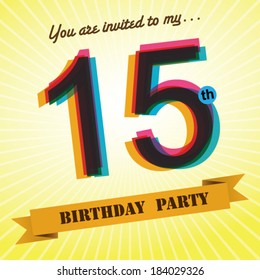 15th Birthday party invite / template design in retro style - Vector Background