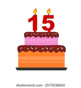 15th Chocolate birthday cake or anniversary wedding cake with red flamable numeral candles flat design vector illustration