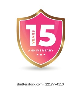 15th fifteenth anniversary Celebrating icon logo label Vector event gold color shield
