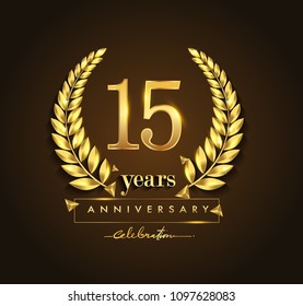 15th gold anniversary celebration logo with golden color and laurel wreath vector design.