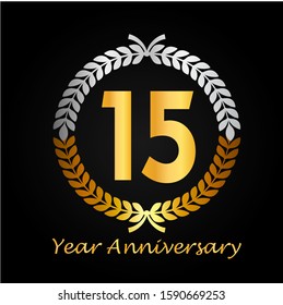 15th gold anniversary celebration logo with golden color and laurel wreath vector design