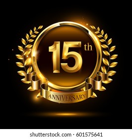 15th golden anniversary celebration logo with ring and ribbon, laurel wreath design