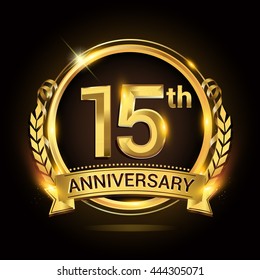 15th golden anniversary logo, 15 years anniversary celebration with ring and ribbon, Golden anniversary laurel wreath design.