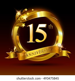 15th golden anniversary logo, 15 years anniversary celebration with ring and ribbon.