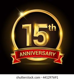 15th golden anniversary logo with ring and red ribbon isolated on black background, vector design for birthday celebration, marriage, corporate, and your business.