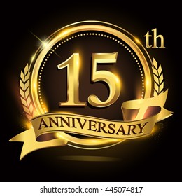 15th golden anniversary logo with ring and ribbon, laurel wreath vector design.