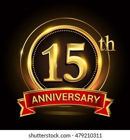 15th golden anniversary logo with ring and ribbon. Vector design template elements for your birthday celebration.