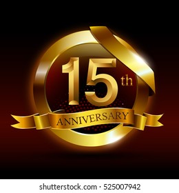 15th golden anniversary logo with ring and ribbon, on black background vector design.