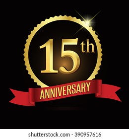 15th golden anniversary logo with shiny ring red ribbon.