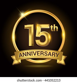 15th golden anniversary logo, with shiny ring and ribbon, laurel wreath isolated on black background, vector design