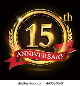 15th golden anniversary logo, with shiny ring and red ribbon, laurel wreath isolated on black background, vector design for birthday celebration.