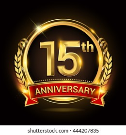 15th golden anniversary logo, with shiny ring and red ribbon, laurel wreath isolated on black background, vector design