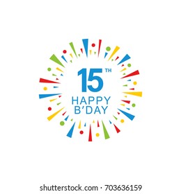 15th Happy Birthday logo, circle shape, colorful sunburst, red blue green yellow color