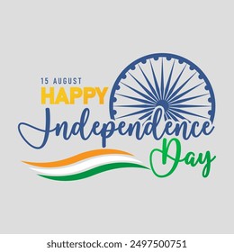 15th Happy Independence Day, India Independence Day With Waving India Flag, India National Day Typography Illustration Design