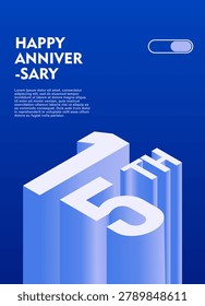 15th Modern anniversary poster template featuring a bold 3d isometric number on a vibrant blue background.