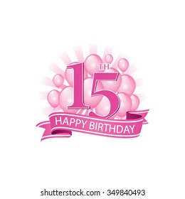 15th pink happy birthday logo with balloons and burst of light