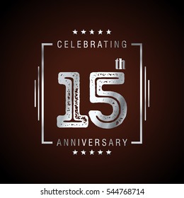 15th Silve grunge anniversary logo, laurel wreath isolated on brown background, vector design