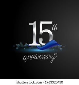 15th silver anniversary logo with blue ribbon isolated on elegant background, sparkle, vector design for greeting card and invitation card.