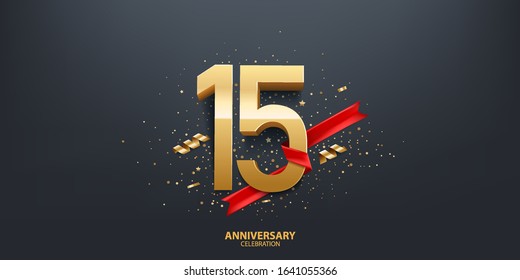 15th Year anniversary celebration background. 3D Golden number wrapped with red ribbon and confetti on black background.