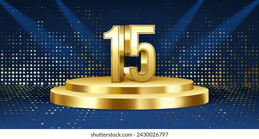 Fondo de la celebración del 15º aniversario. Números 3D dorados en un podio redondo dorado, con luces de fondo.