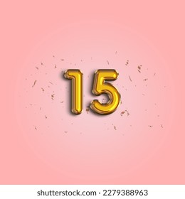 15th year Anniversary celebration design template. Number 15 flying foil balloon and confetti. Template for    Birthday, celebration or wedding event. 