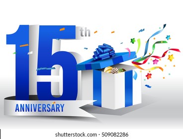 15th years anniversary background with ribbon, confetti and gift on white. Poster or brochure template. Vector illustration.