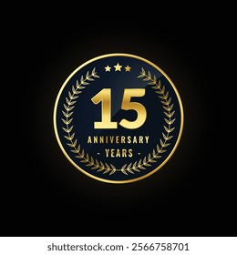 15th years anniversary Badge. High quality premium golden badge. Editable vector template