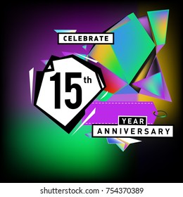 15th years anniversary card with colorful background. Fifteen years birthday logo on geometric colorful background.