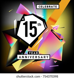 15th years anniversary card with colorful background. Fifteen years birthday logo on geometric colorful background.