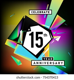 15th years anniversary card with colorful background. Fifteen years birthday logo on geometric colorful background.