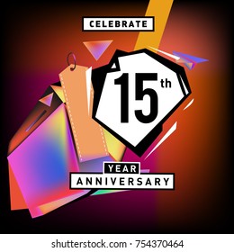 15th years anniversary card with colorful background. Fifteen years birthday logo on geometric colorful background.