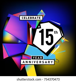 15th years anniversary card with colorful background. Fifteen years birthday logo on geometric colorful background.