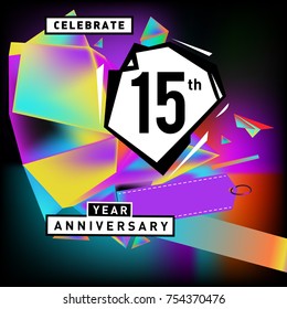 15th years anniversary card with colorful background. Fifteen years birthday logo on geometric colorful background.