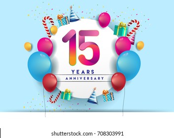 15th years Anniversary Celebration Design with balloons and gift box, Colorful design elements for banner and invitation card.