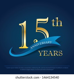 15th years anniversary celebration emblem. elegance golden anniversary logo with blue ribbon on dark blue background, vector illustration template design for celebration greeting and invitation card