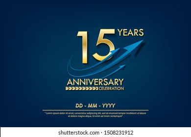 15th years anniversary celebration emblem. anniversary elegance golden logo with blue arrow ribbons on blue background. vector illustration template design for celebration greeting and invitation card