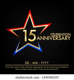 15th years anniversary celebration emblem. anniversary elegance golden logo with red and blue star shape. vector illustration template design for web, leaflet, flyer, greeting card and invitation card