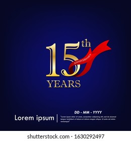 15th years anniversary celebration emblem. anniversary elegance golden logo with red ribbon on dark blue background, vector illustration template design for web, celebration greeting & invitation card