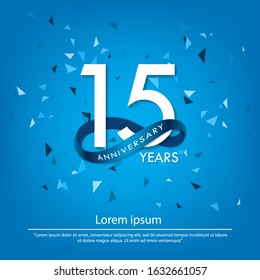 15th years anniversary celebration emblem. white anniversary logo isolated with blue circle ribbon. vector illustration template design for web, poster, flyers, greeting card and invitation card