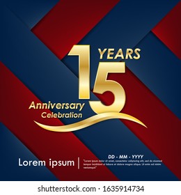 15th years anniversary celebration emblem. elegance golden anniversary logo on red and blue background, vector illustration template design for web, celebration greeting card and invitation card
