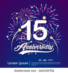 15th years anniversary celebration emblem. white anniversary logo isolated with colorful fireworks background. vector illustration template design for web, flyers, poster, greeting & invitation card