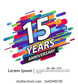 15th years anniversary celebration emblem. white anniversary logo isolated with colorful rounded lines. vector illustration template design for web, flyers, poster, greeting and invitation card