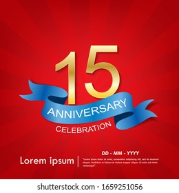 15th years anniversary celebration emblem. anniversary elegance golden logo with blue ribbon on red background, vector illustration template design for web, flyers, greeting card & invitation card