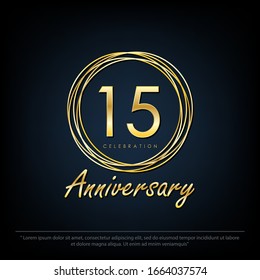 15th years anniversary celebration emblem. elegance golden anniversary logo with rings on black background, vector illustration template design for web, flyers, greeting card & invitation card