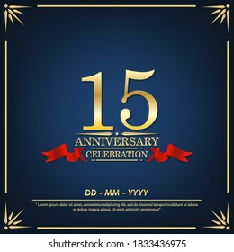 15th years anniversary celebration emblem. anniversary elegance golden logo with red ribbon on dark blue background, vector illustration template design for celebration greeting and invitation card