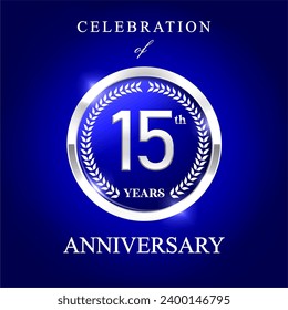 15th years anniversary celebration emblem . anniversary logo isolated with silver circle. vector illustration template design for web, poster, flyers, greeting card and invitation card